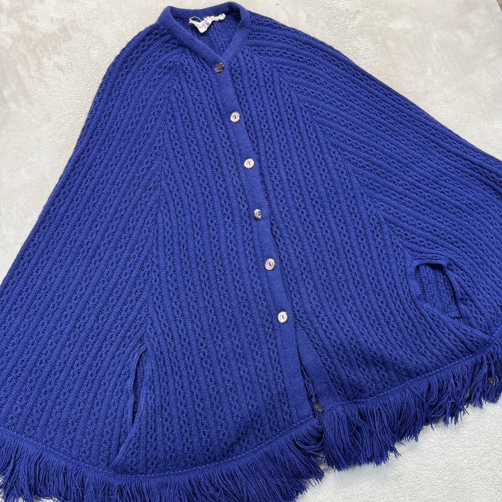 Vintage Sally‎ Gee Poncho Women's OS Blue Cape Fringe Orlon Acrylic Button Front